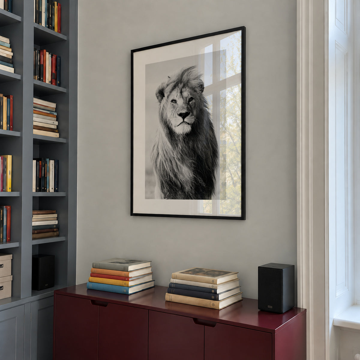Majestic lion - Framed poster in an interior