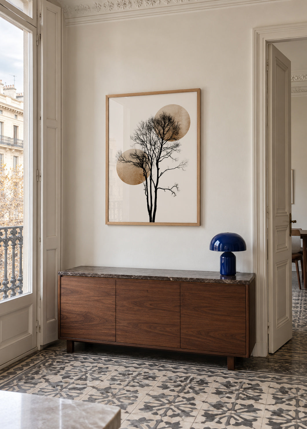 Sun and moon hiding - gold - Framed poster in an interior