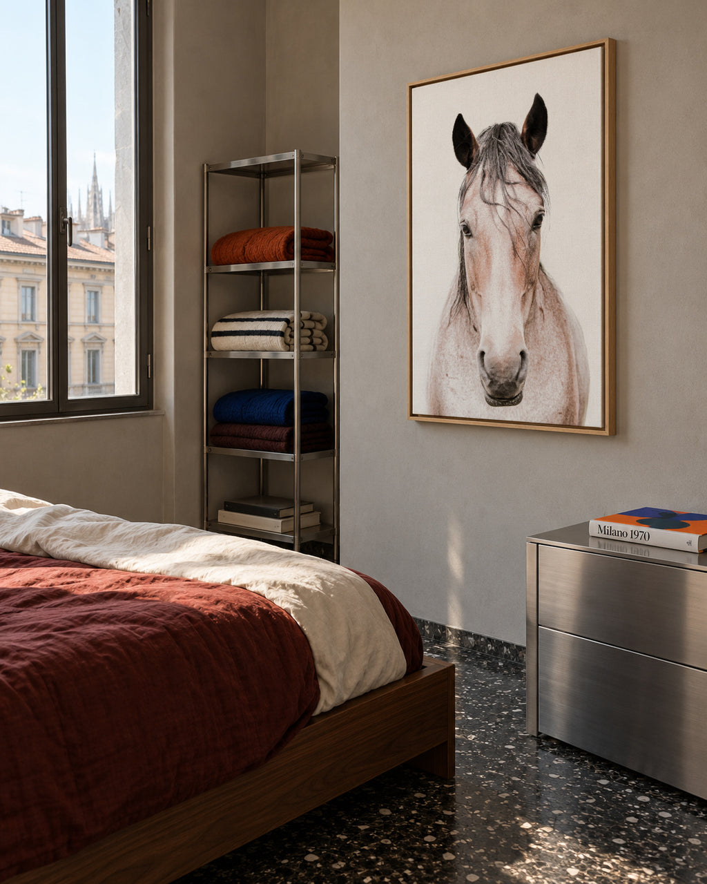 Red Horse 2 - Framed canvas in an interior