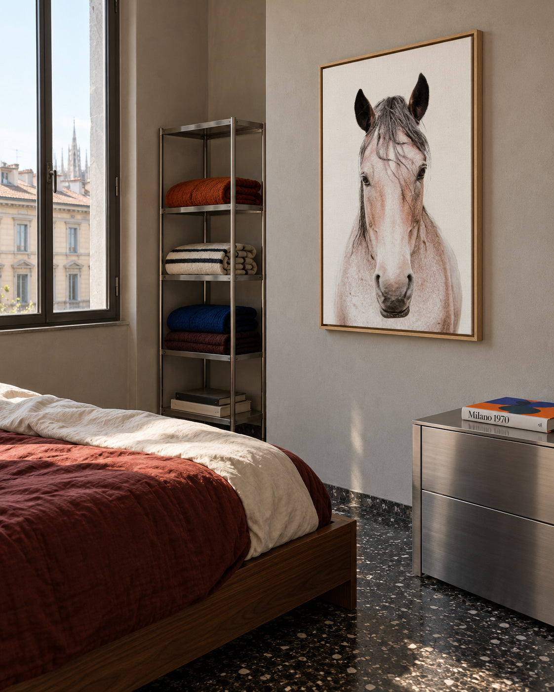 Red Horse 2 - Framed canvas in an interior