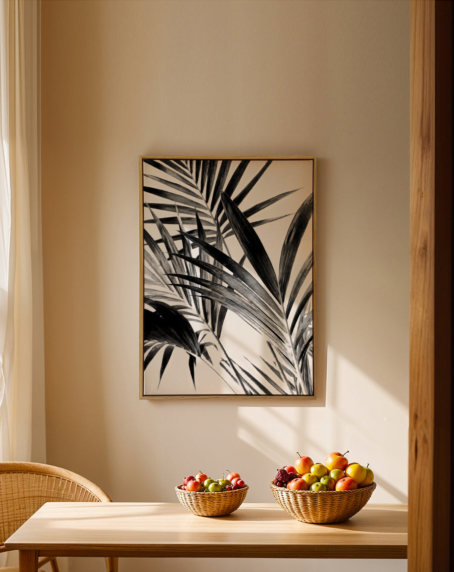 Palm Leaves Black and White 02 - Framed canvas in an interior
