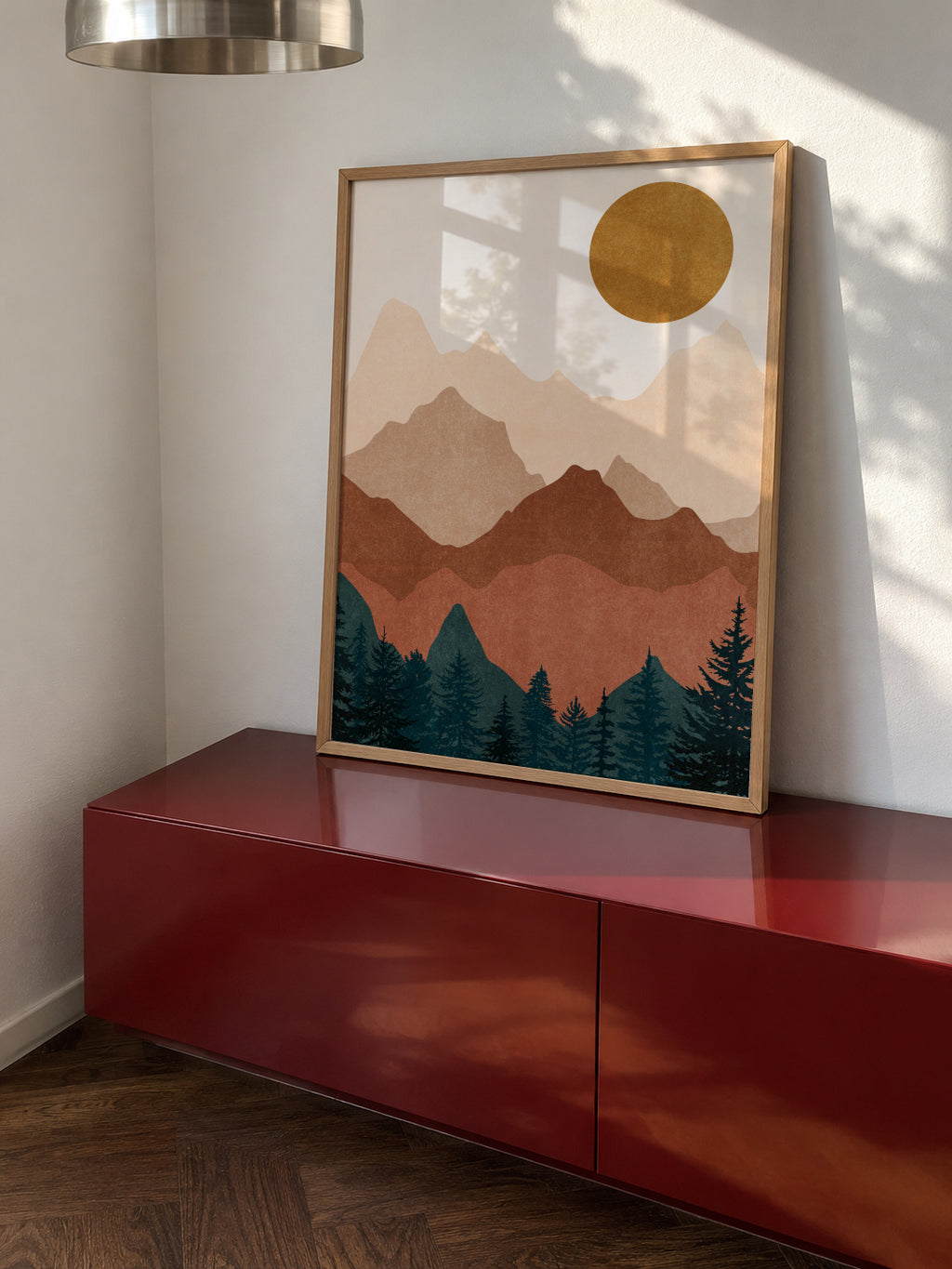 Sunset Peaks 2 - Framed poster in an interior