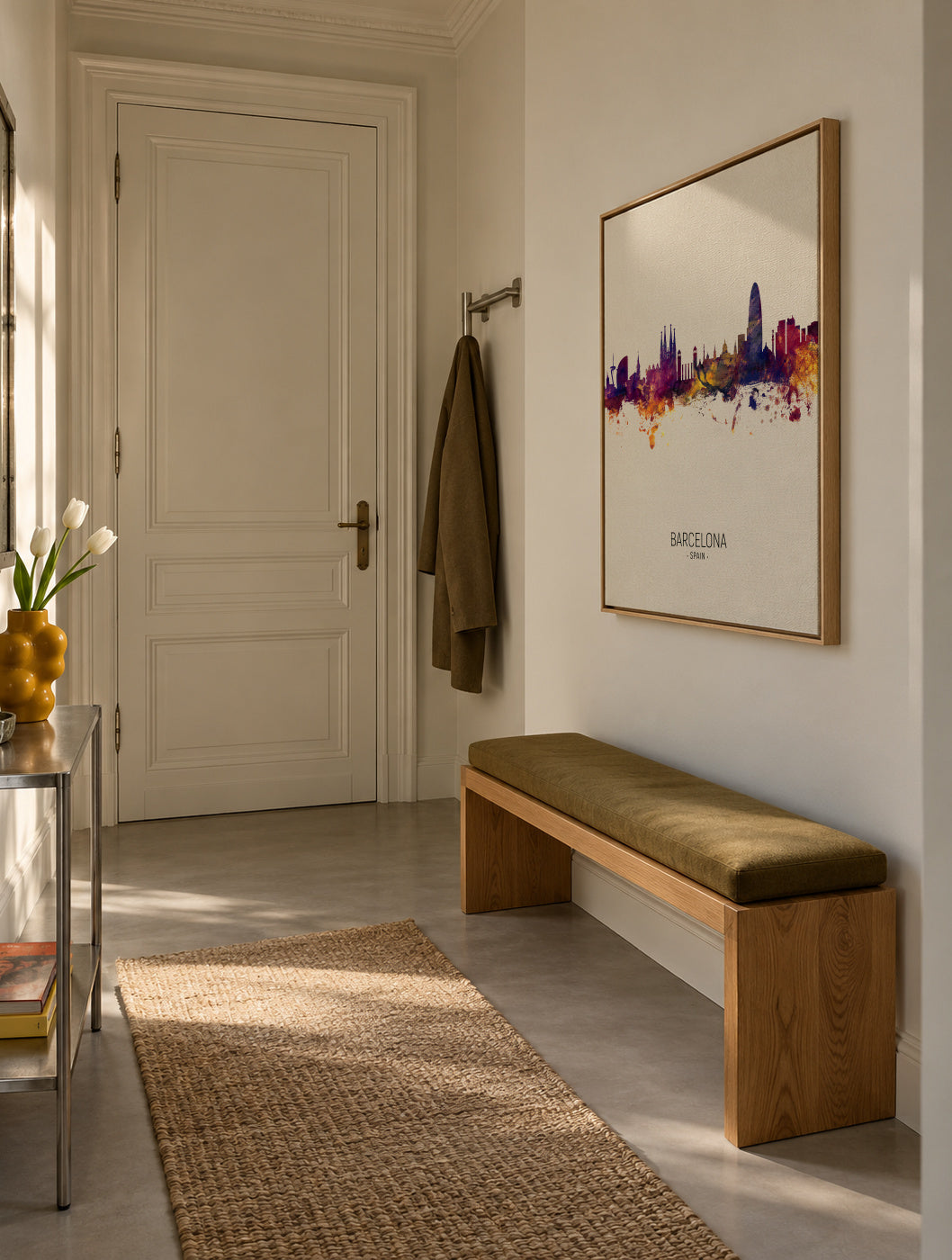 Barcelona Skyline en beige - Framed canvas in an interior