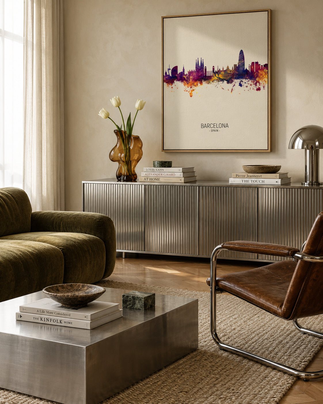 Barcelona Skyline en beige - Framed canvas in an interior