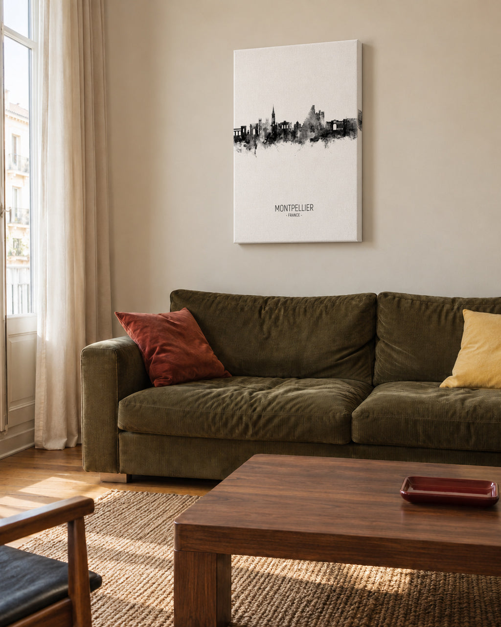 Montpellier Skyline blanco y negro - Unframed canvas in an interior