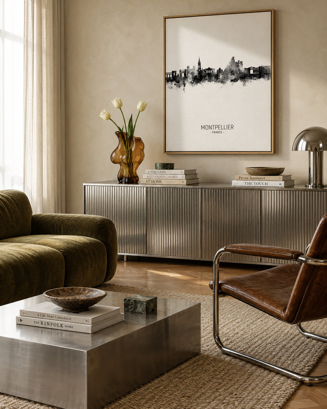 Montpellier Skyline blanco y negro - Framed canvas in an interior
