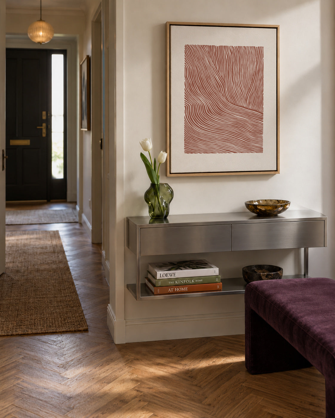 Stripes linocut Nº5 - Terracotta - Framed canvas in an interior