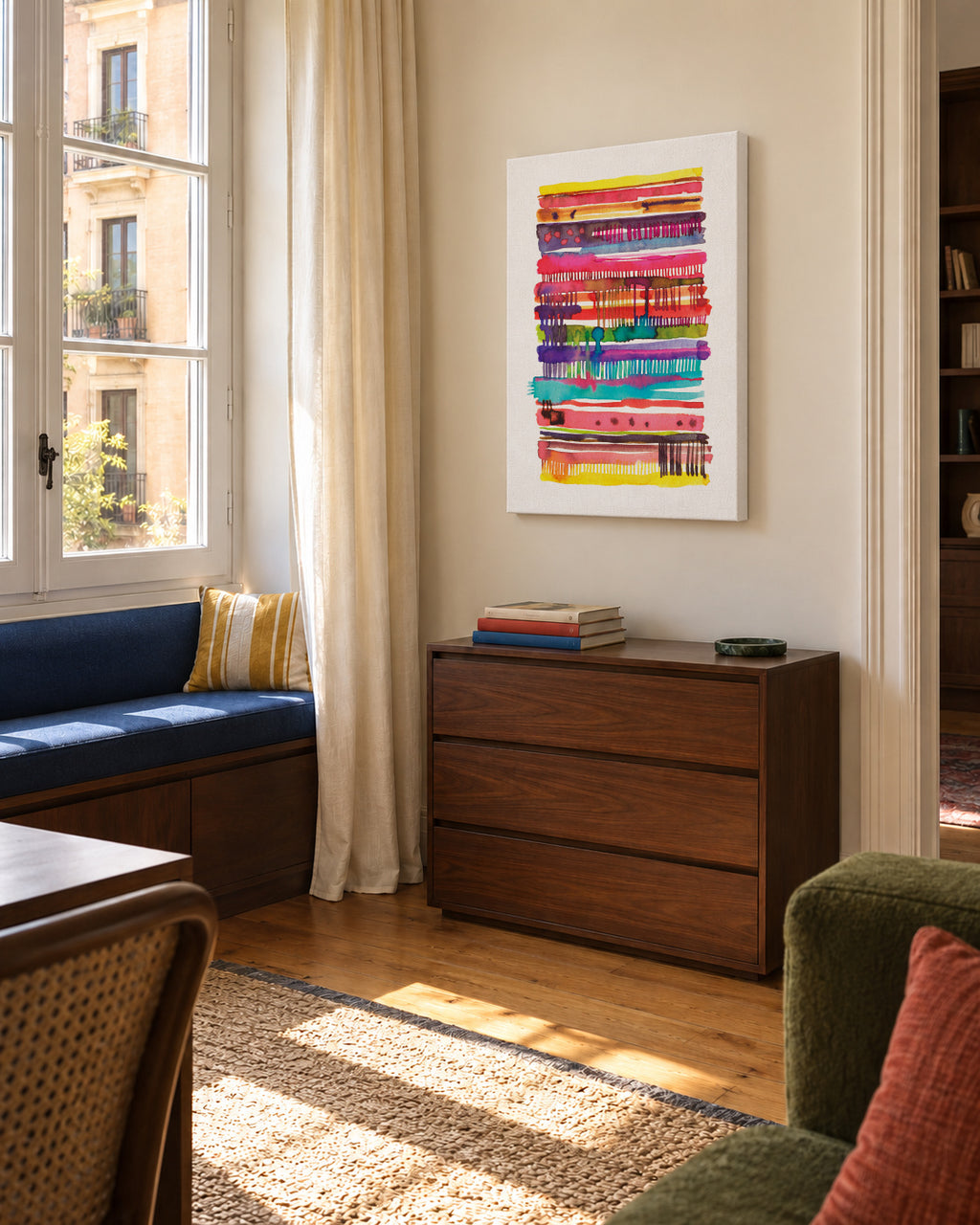 Watercolor Boho Nomadic Lines 2 - Unframed canvas in an interior