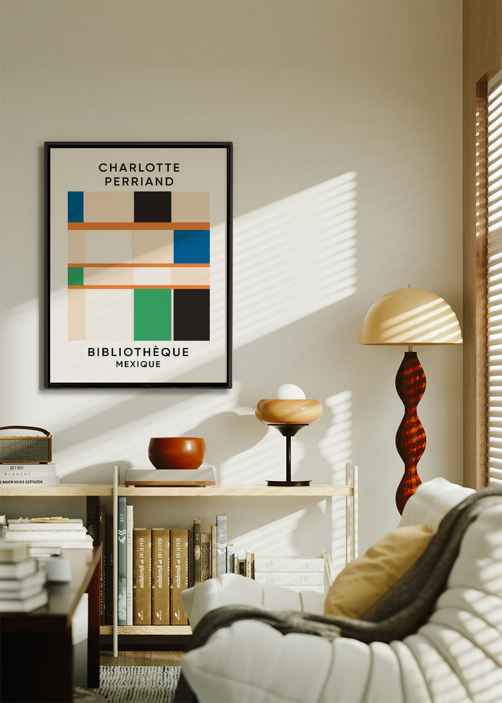 Tableau géométrique à blocs et typographie 'Bibliothèque'