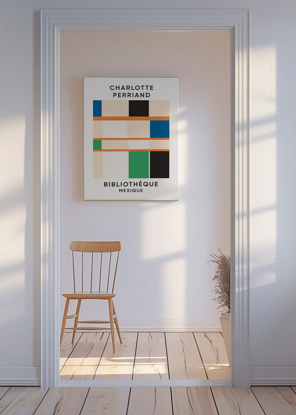 Tableau géométrique à blocs et typographie 'Bibliothèque'