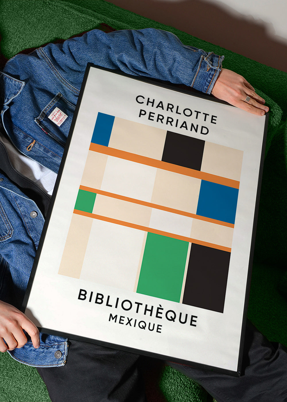 Tableau géométrique à blocs et typographie 'Bibliothèque'