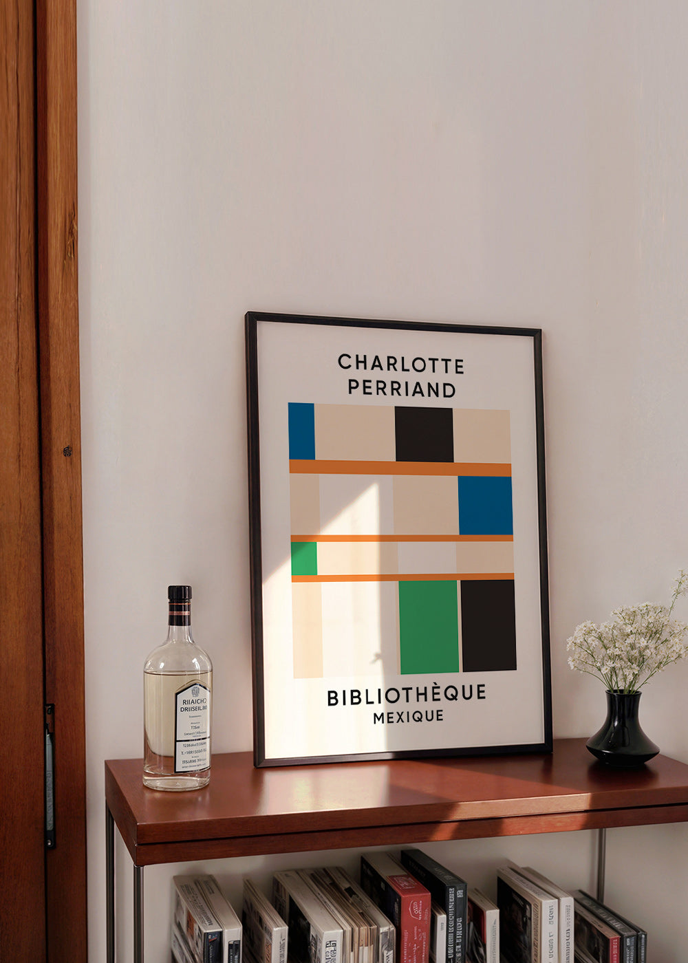Tableau géométrique à blocs et typographie 'Bibliothèque'
