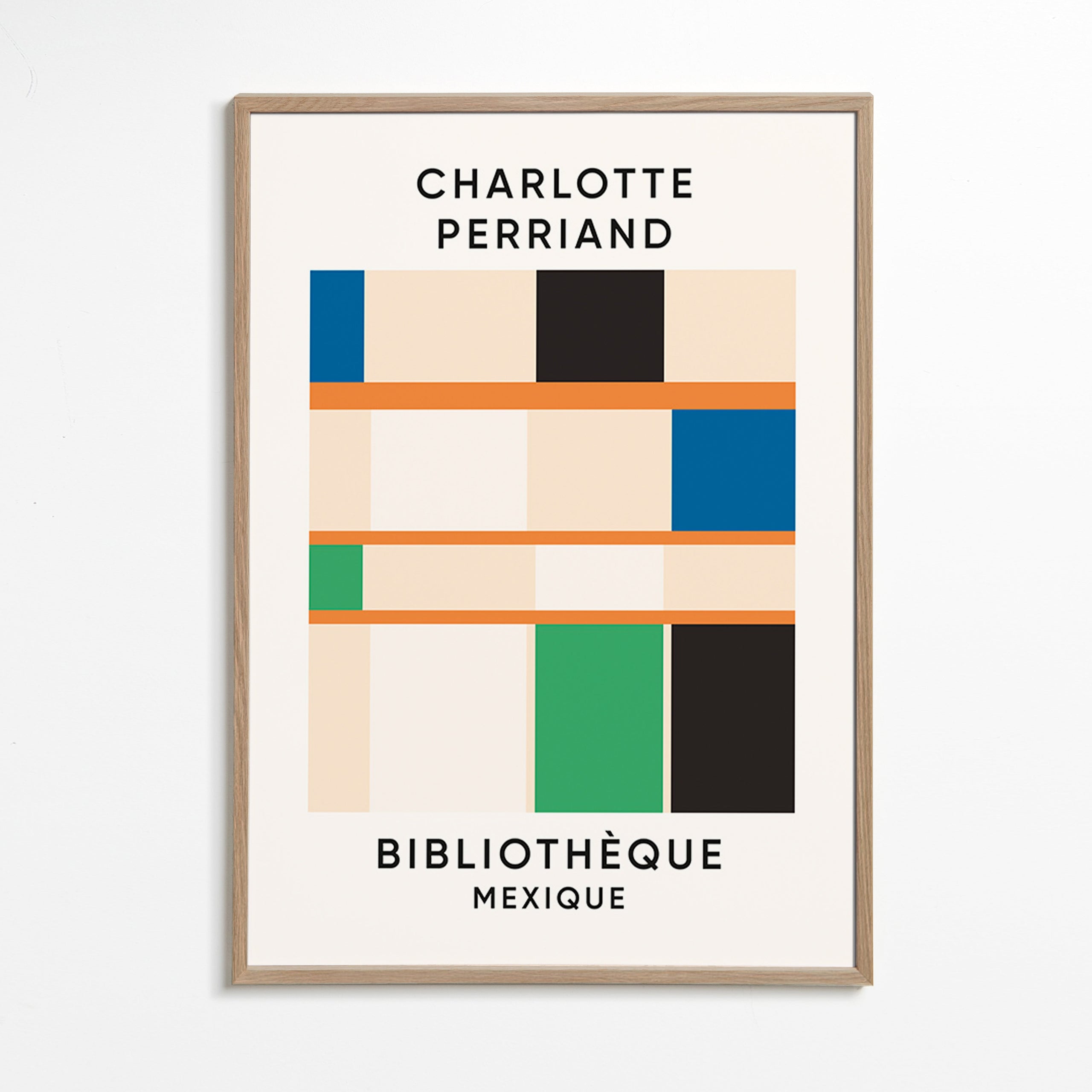 Tableau géométrique à blocs et typographie 'Bibliothèque'