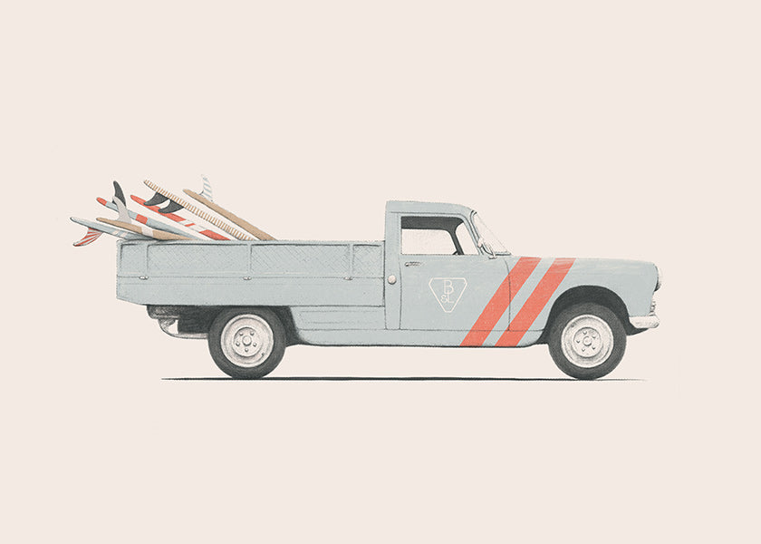 Art vintage fourgonnette avec planches de surf