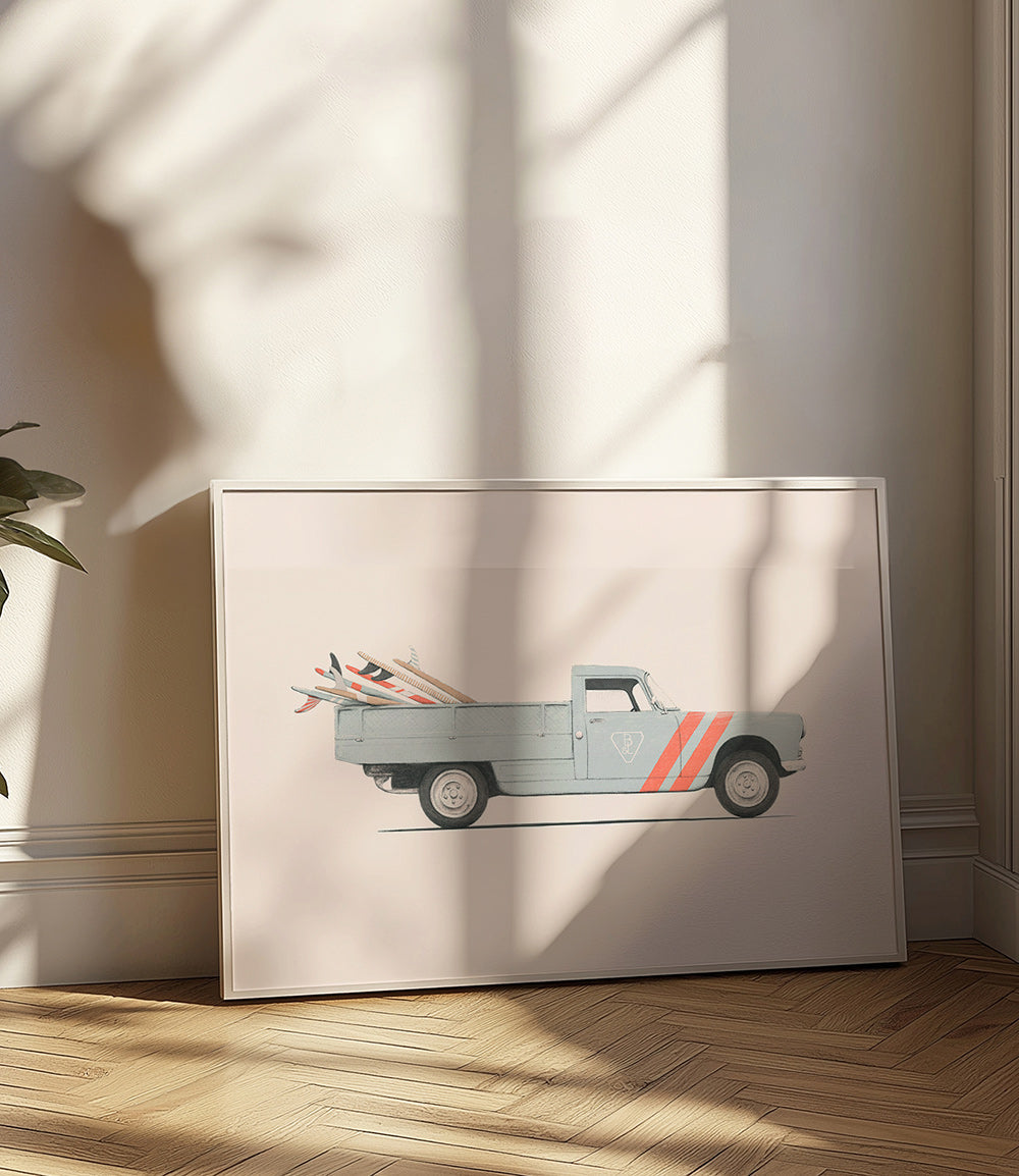 Art vintage fourgonnette avec planches de surf