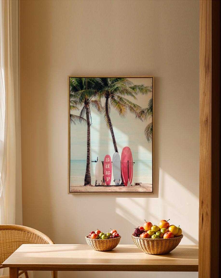 Choose Your Surfboard in pink - Framed canvas in an interior