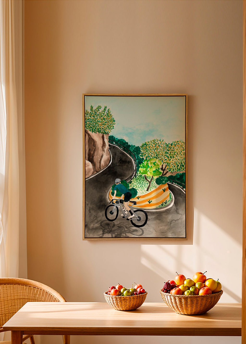 Tableau de paysage avec cycliste en courbe