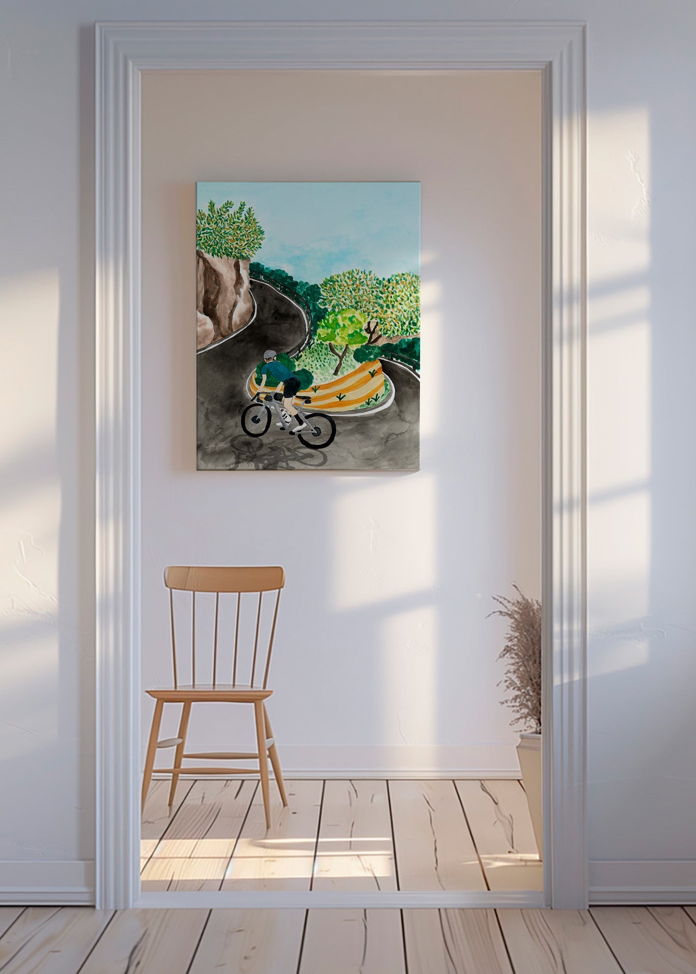 Tableau de paysage avec cycliste en courbe