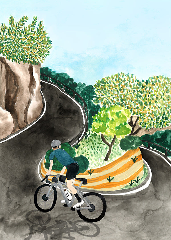 Tableau de paysage avec cycliste en courbe