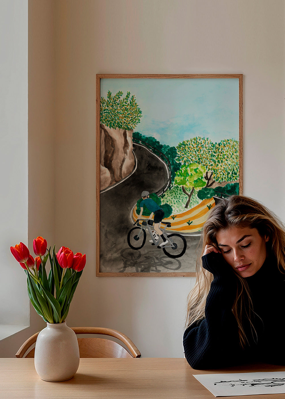 Tableau de paysage avec cycliste en courbe