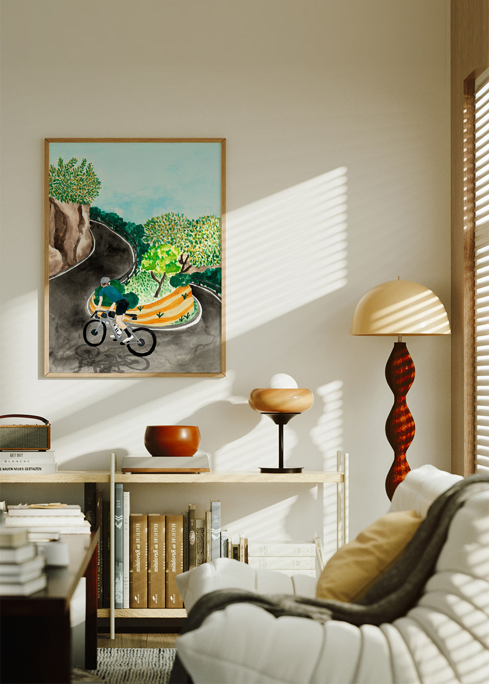 Tableau de paysage avec cycliste en courbe