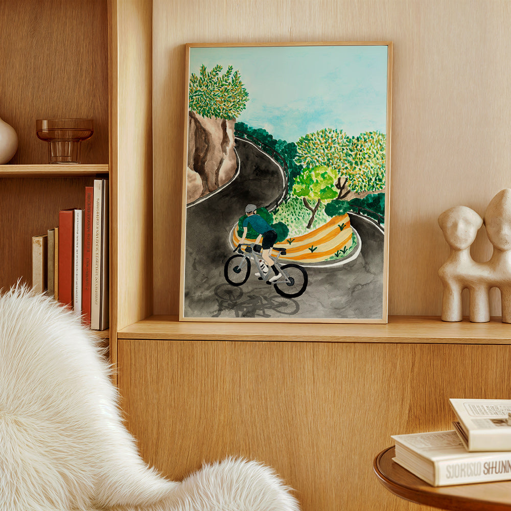 Tableau de paysage avec cycliste en courbe