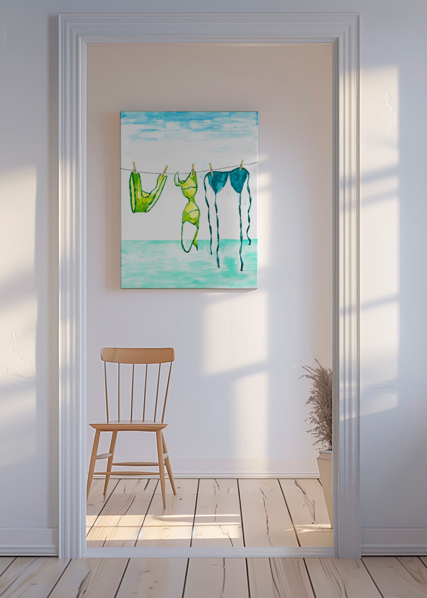Illustration de maillots accrochés au bord de la mer