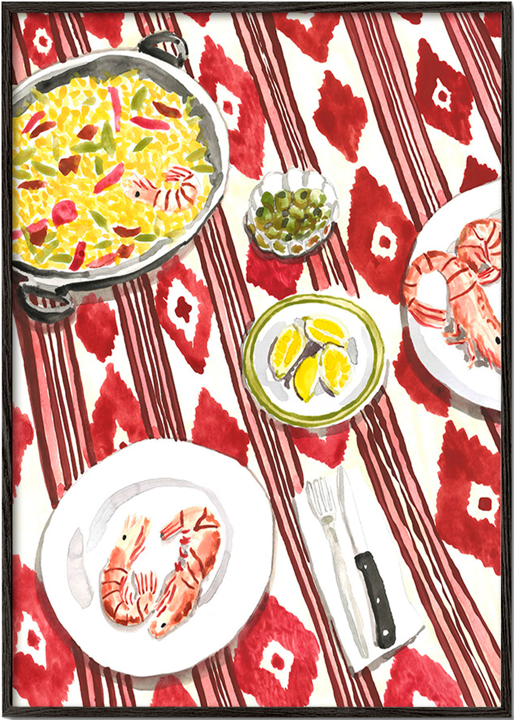 Art de cuisine: paella et crevettes sur nappe imprimée