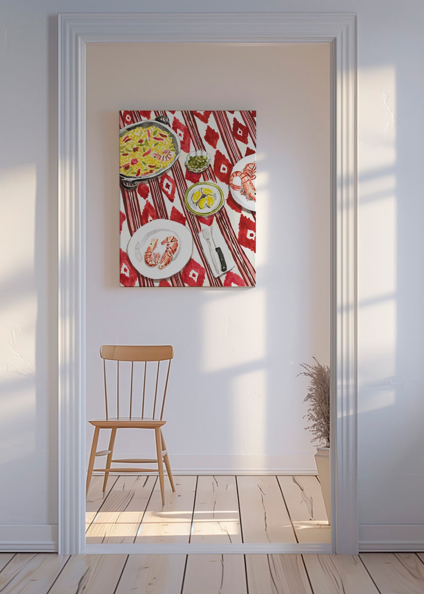 Art de cuisine: paella et crevettes sur nappe imprimée