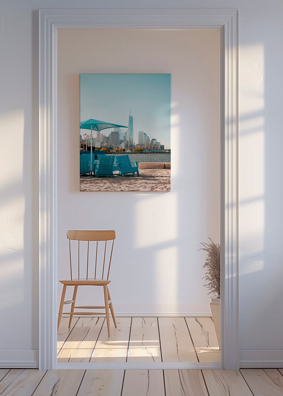 Tableau de voyage avec fauteuils turquoises et skyline urbaine – Canvas