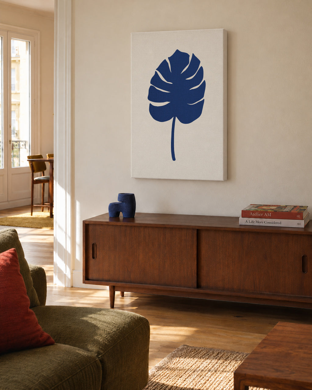 Monstera Canvas Blue - Unframed canvas in an interior