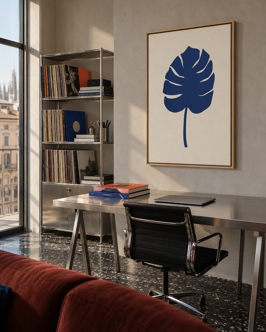 Monstera Canvas Blue - Framed canvas in an interior
