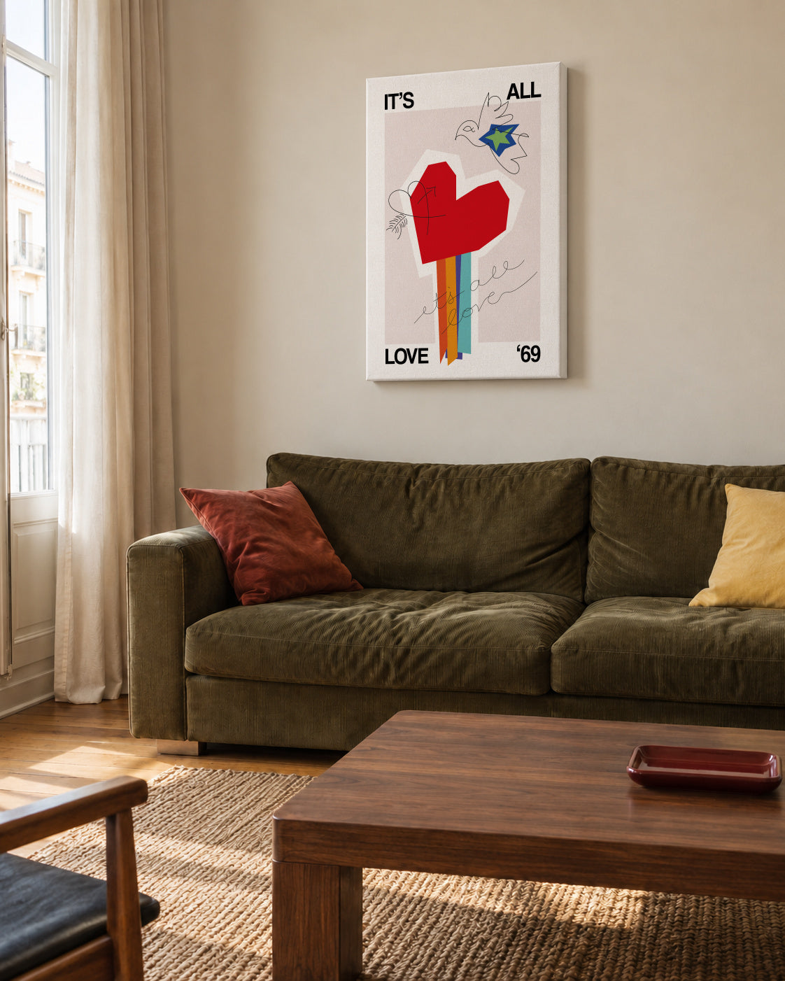 It's All Love '69 Heart Greige - Unframed canvas in an interior