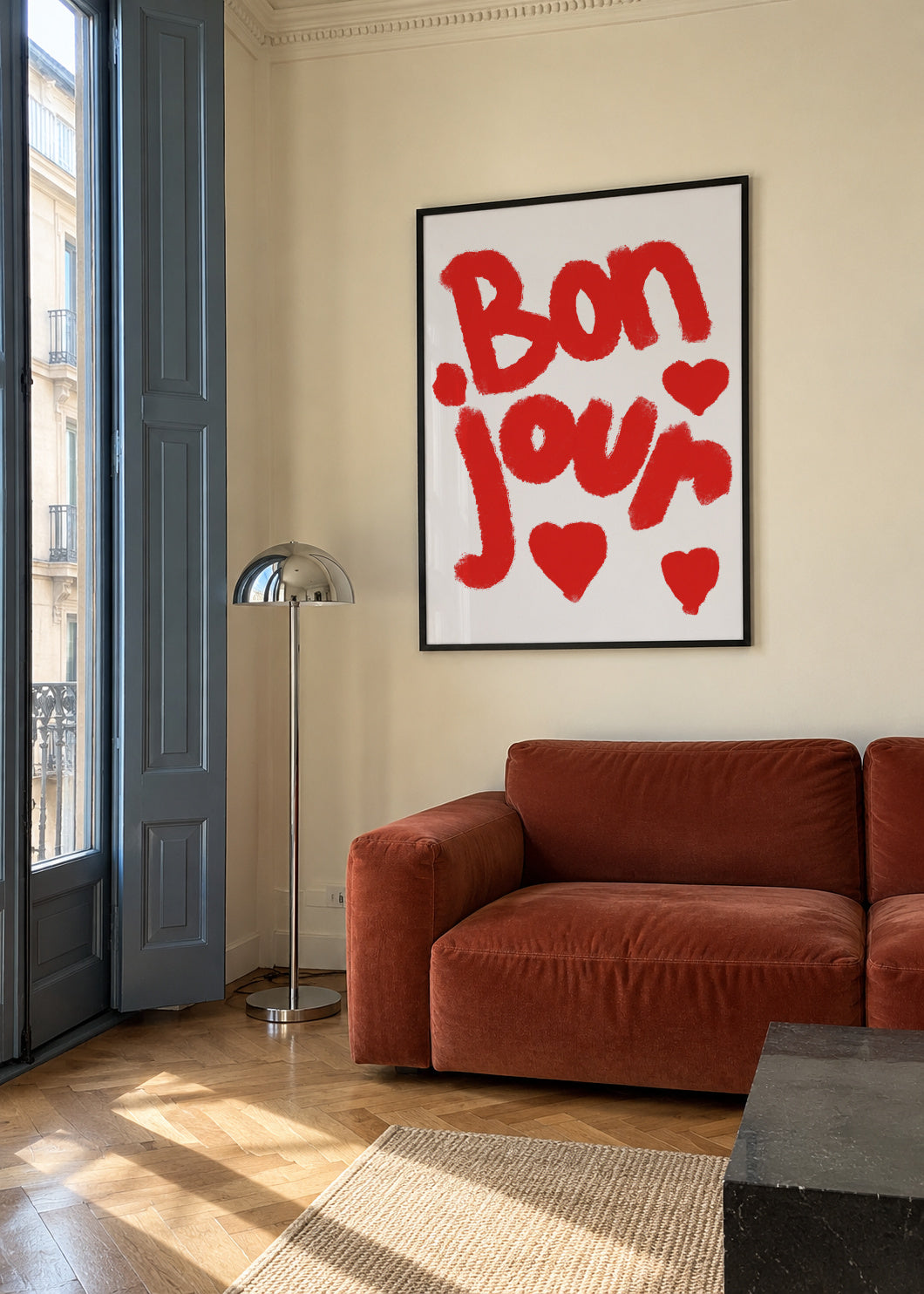 Bonjour Hearts - Framed poster in an interior