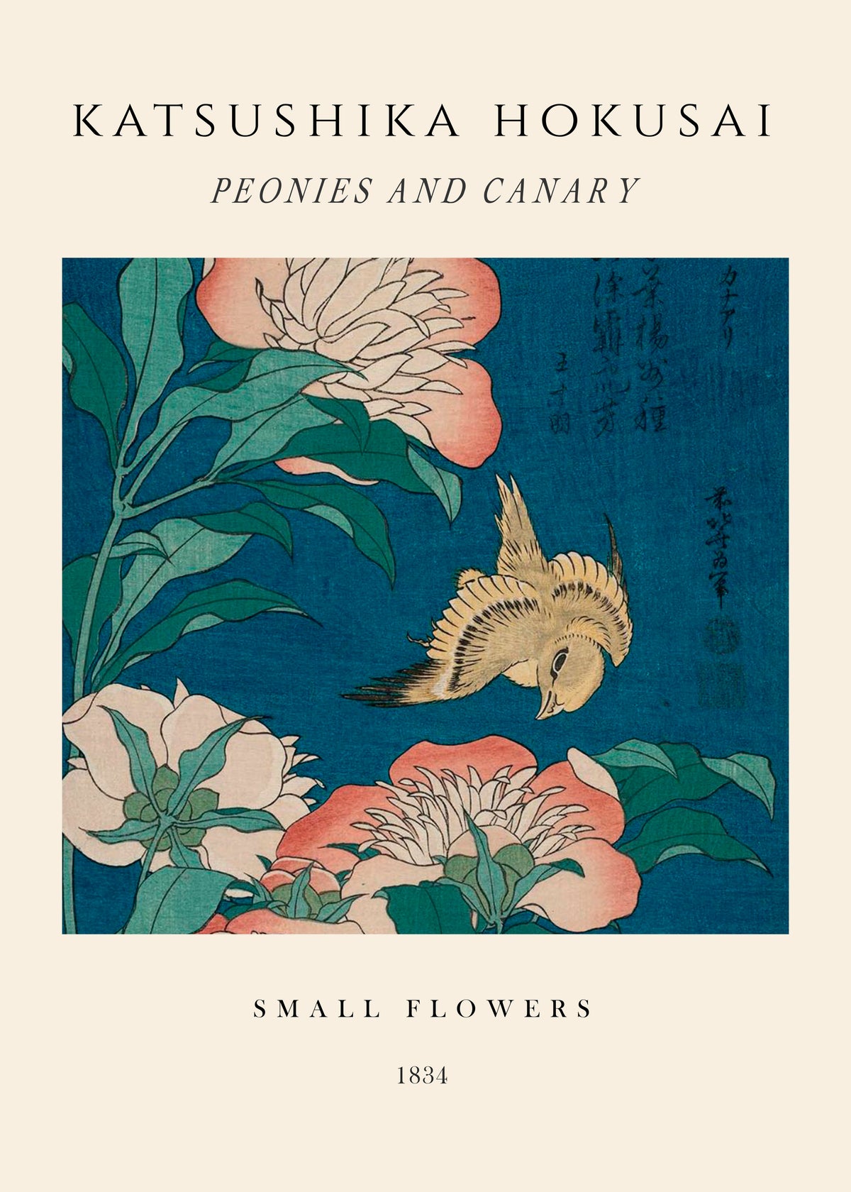 Peonies and Canary Exhibition - Katsushika Hokusai - Unframed art print