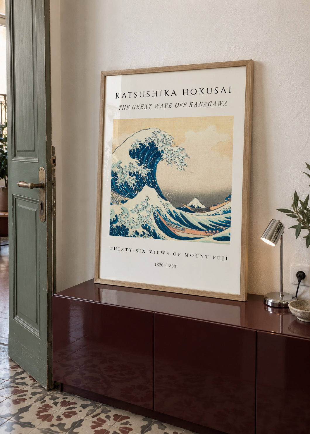 The Great Wave of Kanagawa Exhibition White - Katsushika Hokusai - Framed poster in an interior
