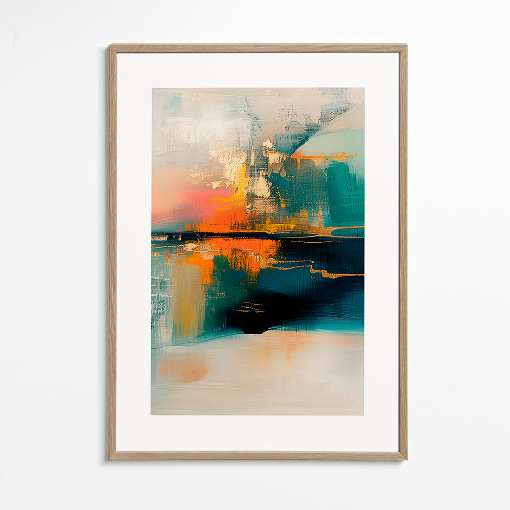 Œuvre abstraite aux reflets aquatiques – Oak Frame