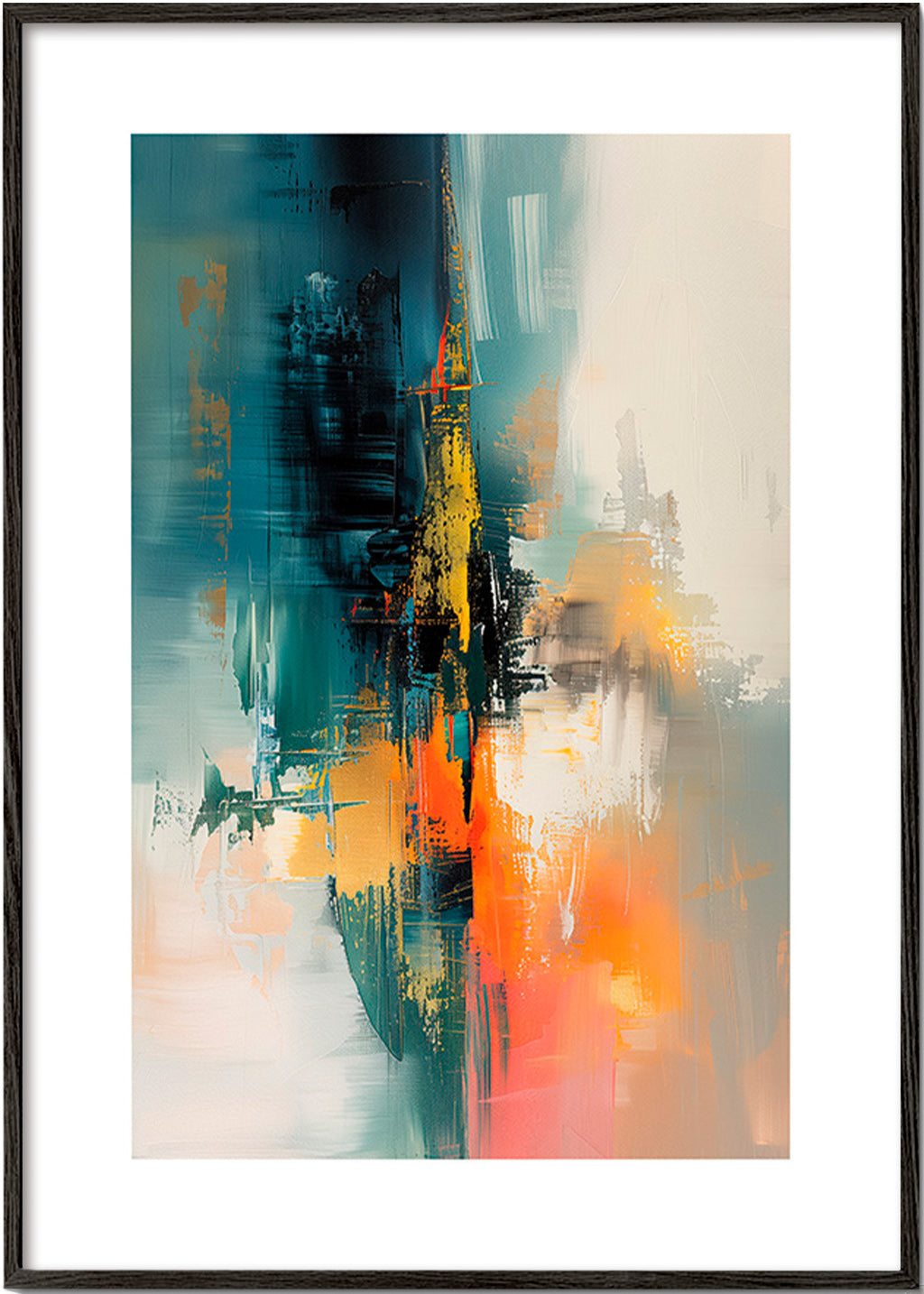 Tableau abstrait vertical aux touches bleu et orange – Black Frame