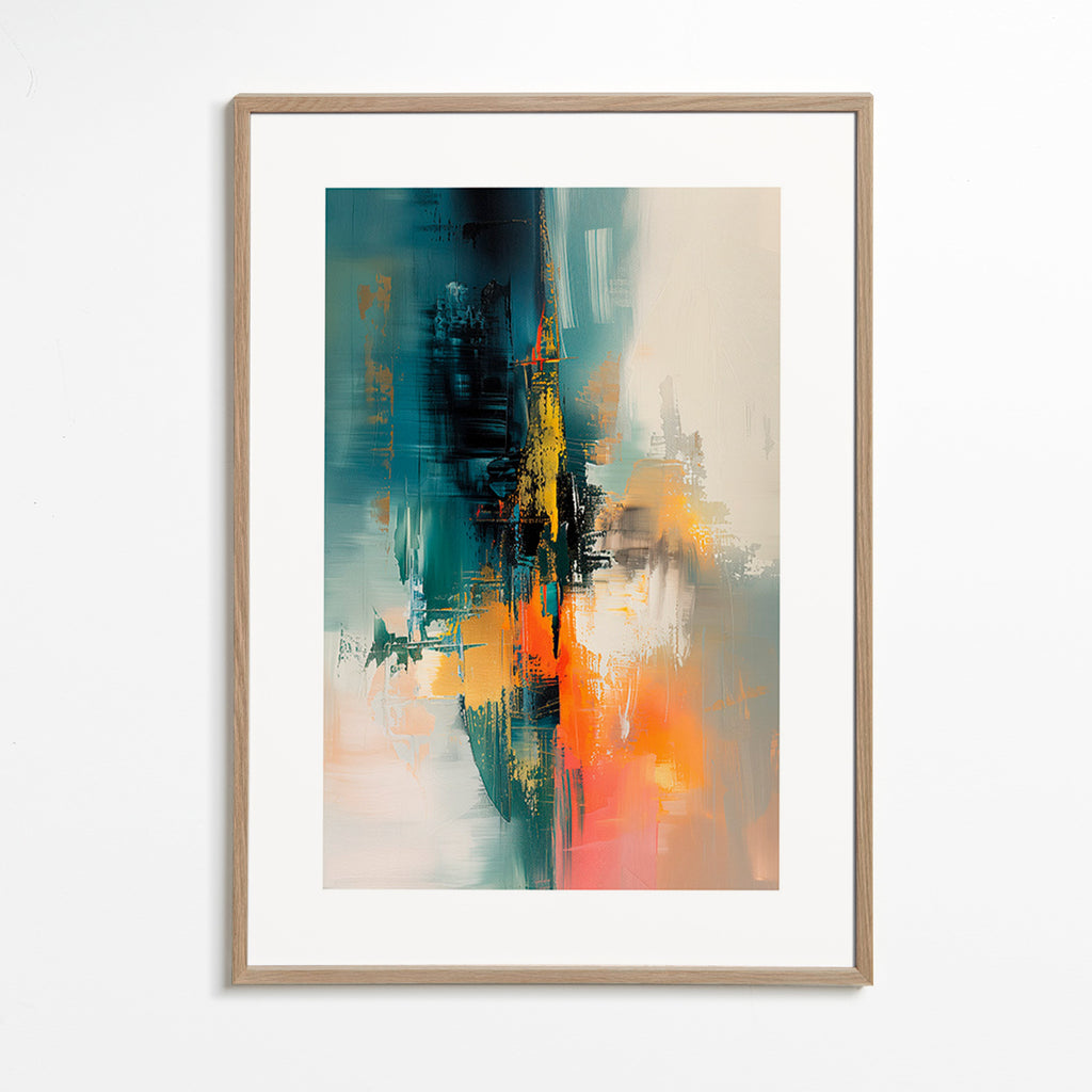 Tableau abstrait vertical aux touches bleu et orange – Oak Frame