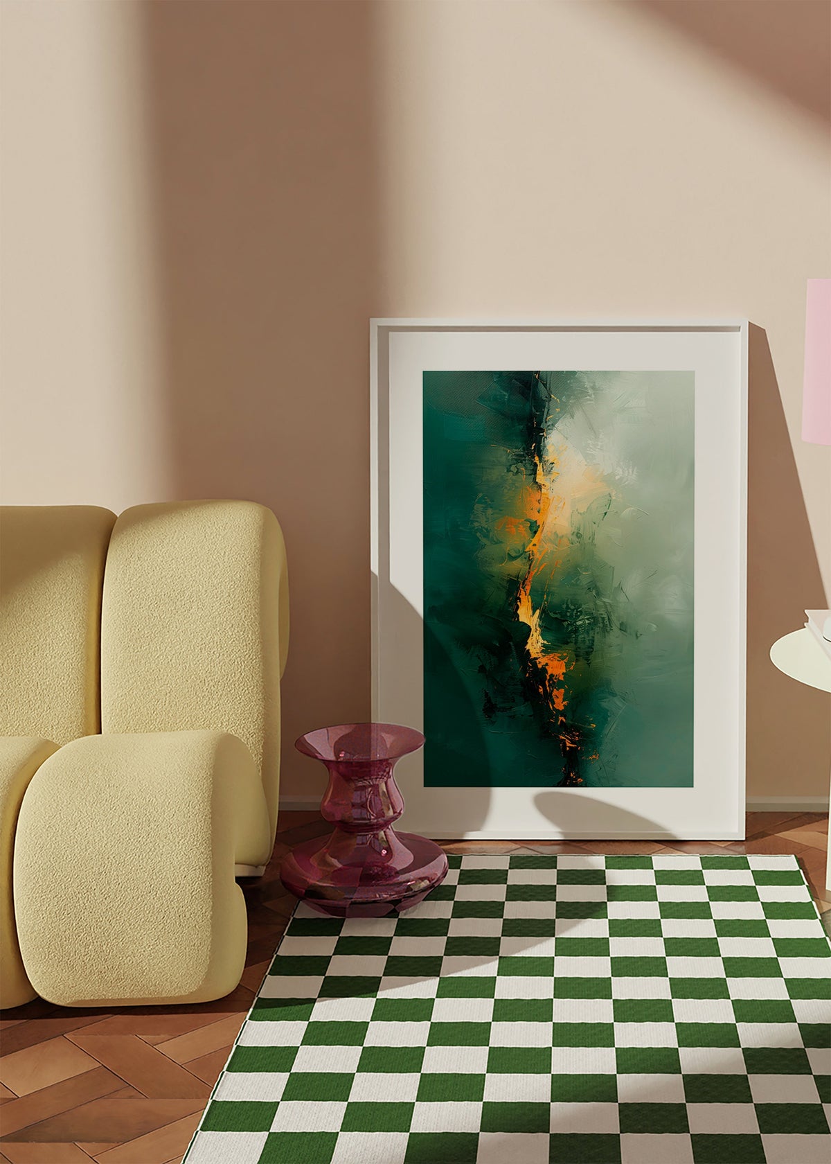 Œuvre abstraite verticales en vert et accents orange – Product1