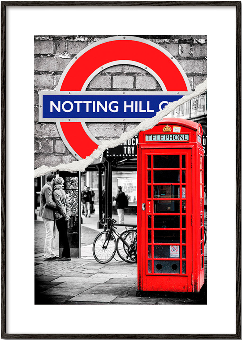 Art de ville avec cabine téléphonique rouge à Notting Hill – Black Frame