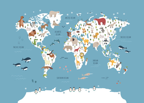 World Map with animals blue - Unframed art print