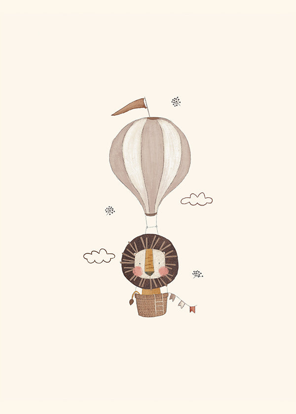 Illustration enfant : lion montgolfière