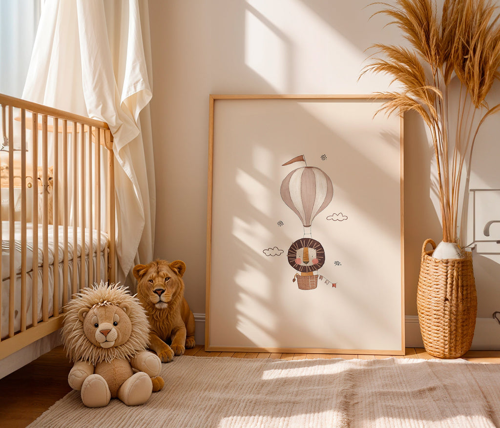 Illustration enfant : lion montgolfière