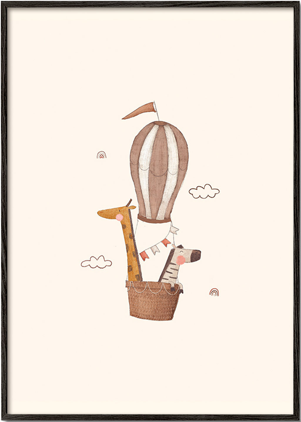 Illustration enfant: girafe et éléphant en montgolfière