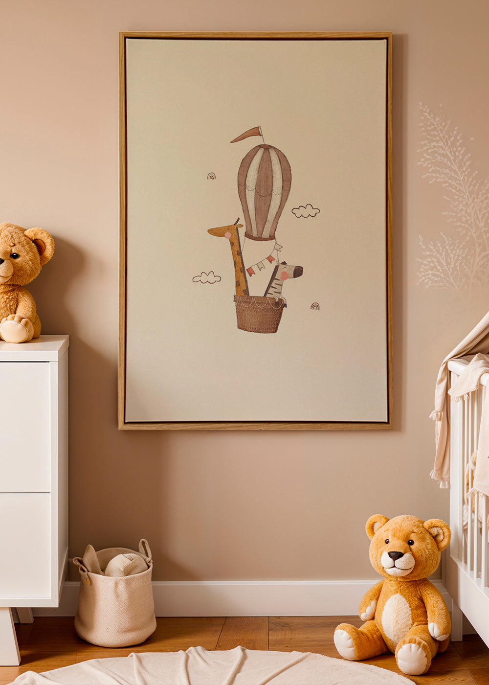 Illustration enfant: girafe et éléphant en montgolfière
