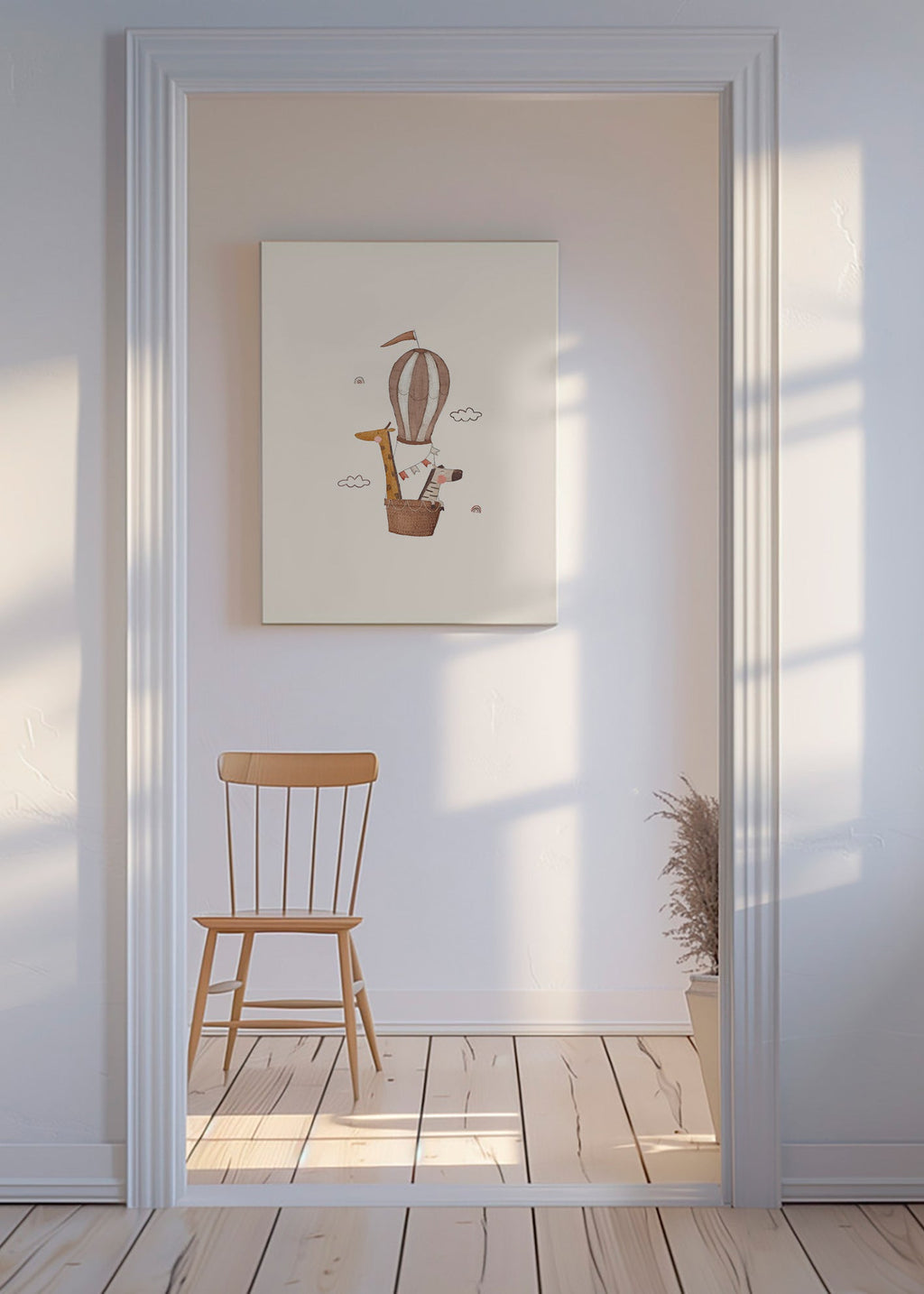 Illustration enfant: girafe et éléphant en montgolfière