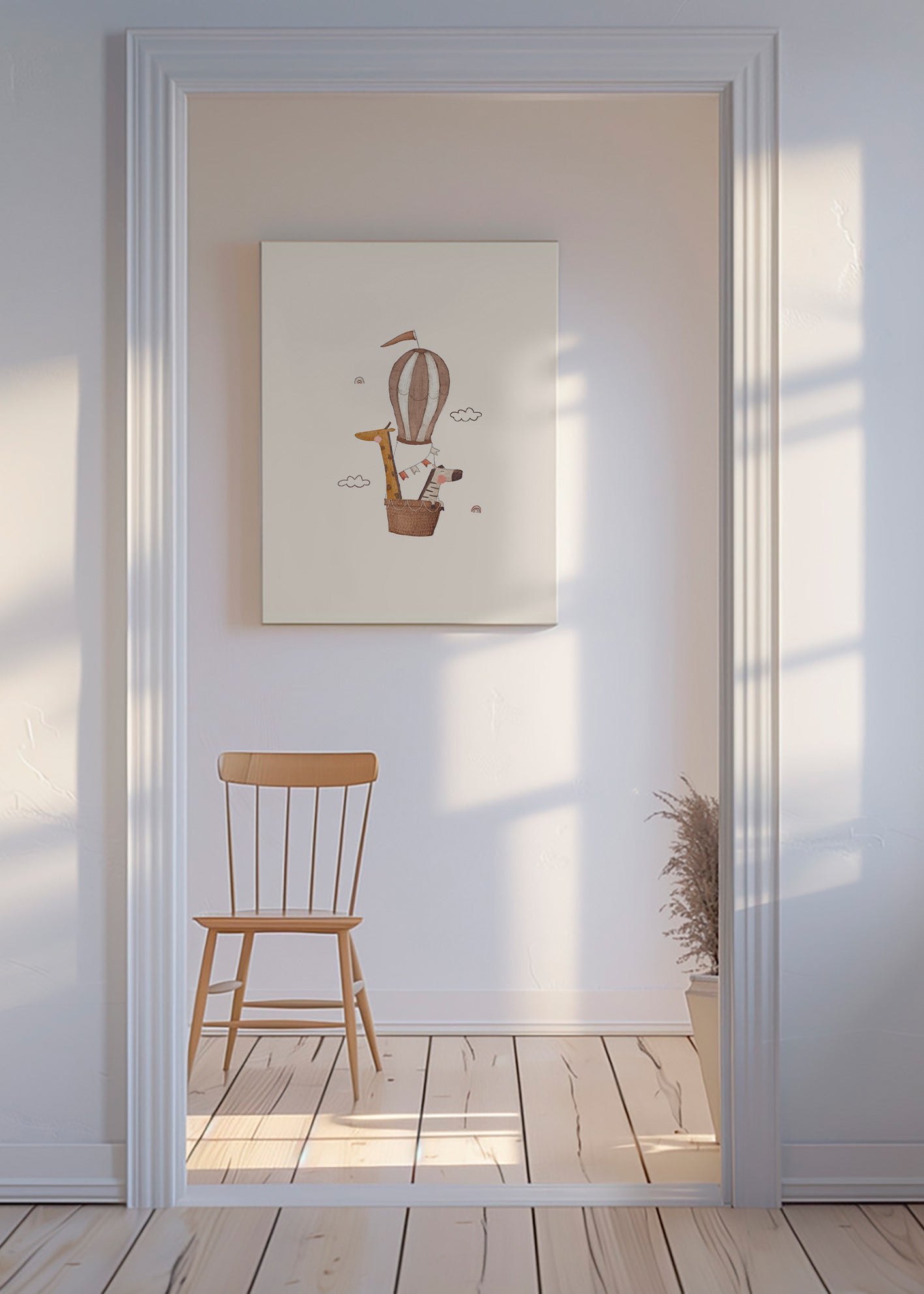 Illustration enfant: girafe et éléphant en montgolfière