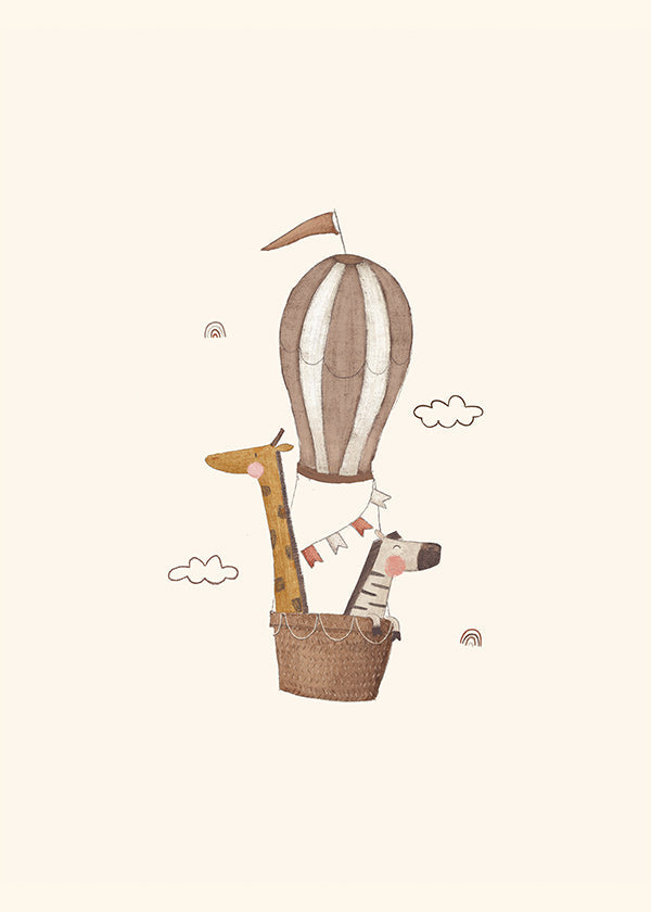 Illustration enfant: girafe et éléphant en montgolfière