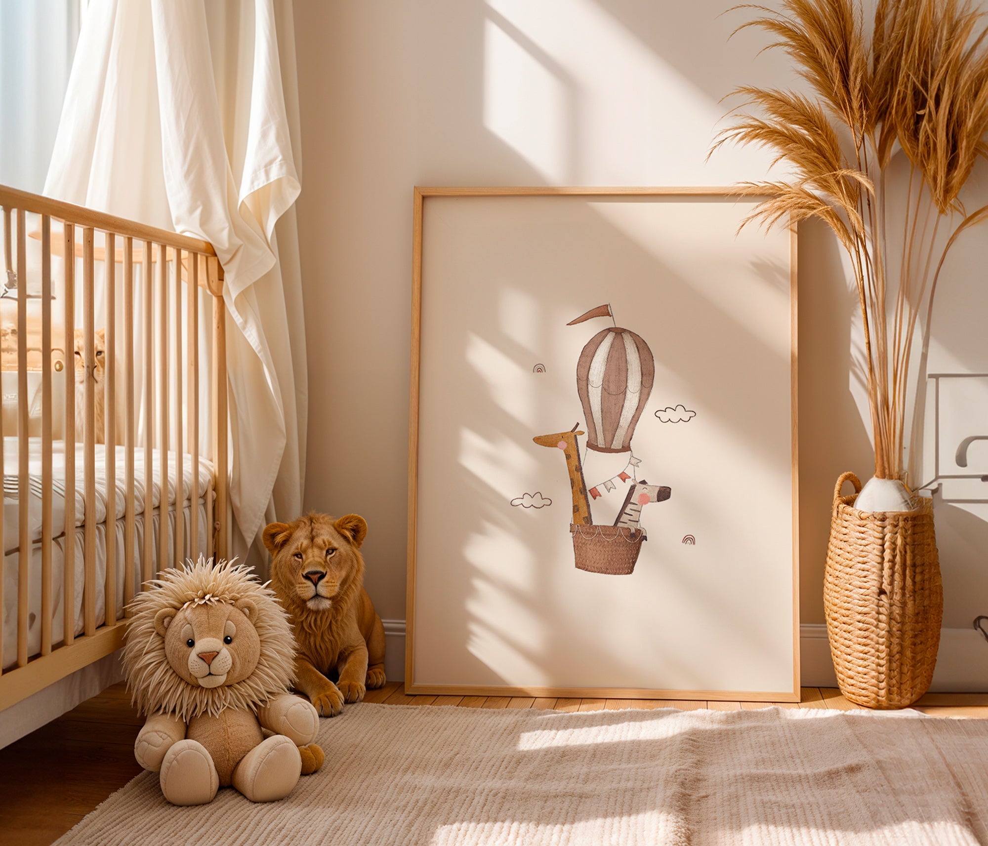 Illustration enfant: girafe et éléphant en montgolfière